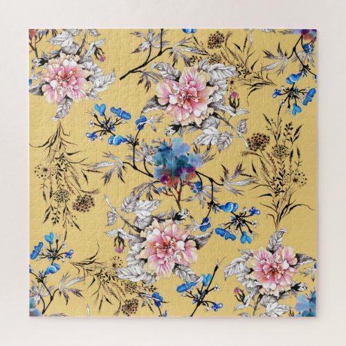 Watercolor flowers yellow background pattern jigsaw puzzle