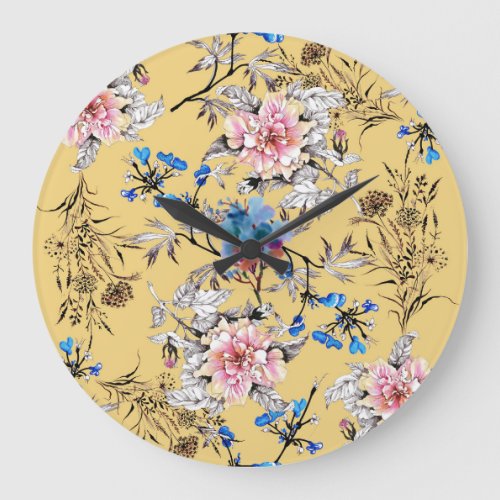 Watercolor flowers yellow background pattern large clock
