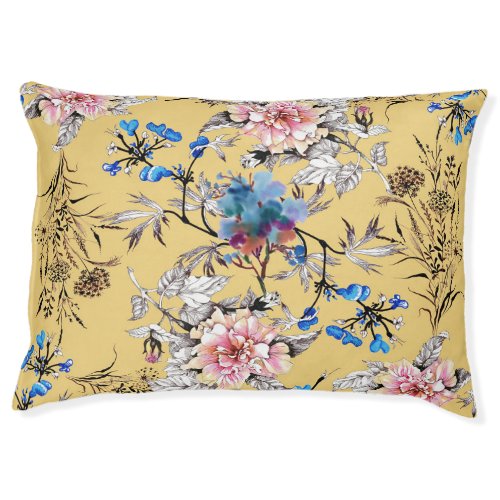 Watercolor flowers yellow background pattern pet bed