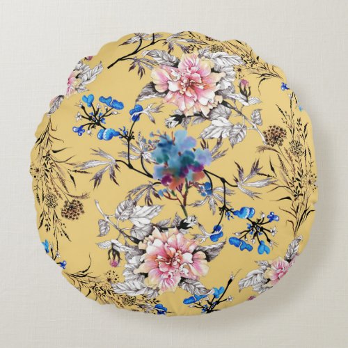 Watercolor flowers yellow background pattern round pillow