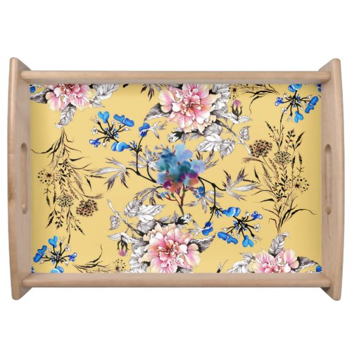 Watercolor flowers yellow background pattern serving tray