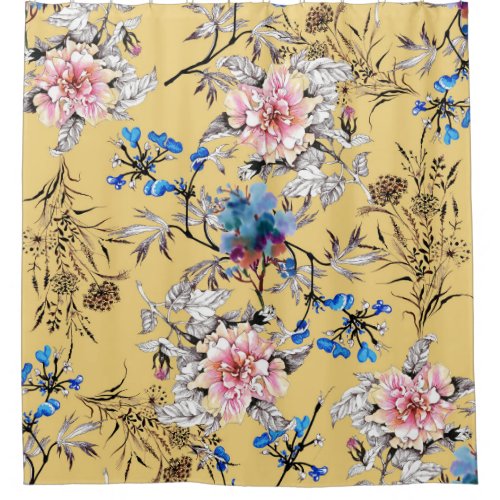 Watercolor flowers yellow background pattern shower curtain