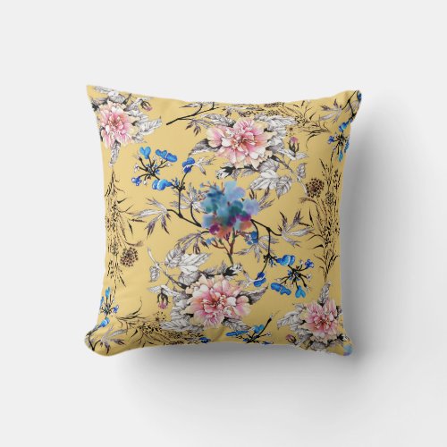Watercolor flowers yellow background pattern throw pillow