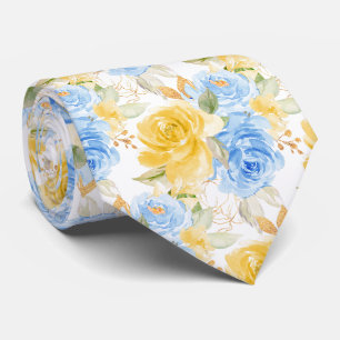 Watercolor Flowers Yellow Blue Roses Neck Tie