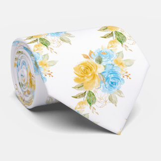 Watercolor Flowers Yellow Blue Roses Neck Tie