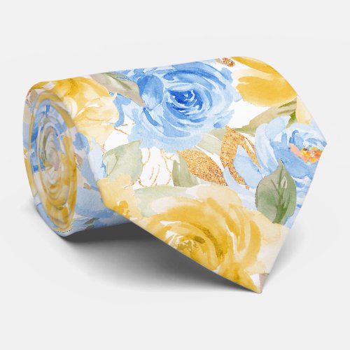 Watercolor Flowers Yellow Blue Roses Neck Tie