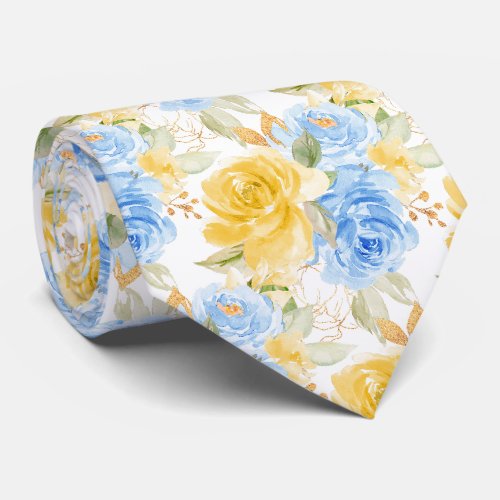 Watercolor Flowers Yellow Blue Roses Neck Tie