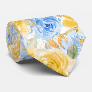Watercolor Flowers Yellow Blue Roses Neck Tie