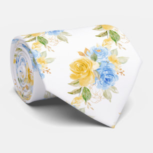 Watercolor Flowers Yellow Blue Roses Neck Tie