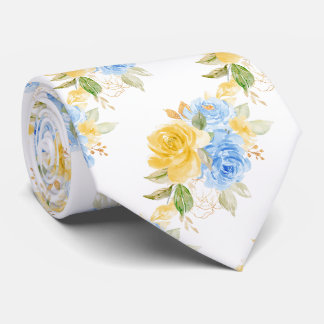Watercolor Flowers Yellow Blue Roses Neck Tie