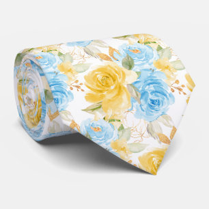Watercolor Flowers Yellow Blue Roses Neck Tie