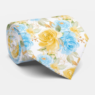 Watercolor Flowers Yellow Blue Roses Neck Tie