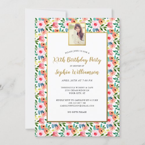 Watercolor Flowers Your Photo Birthday Party Invitation