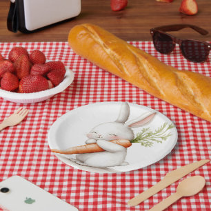 Watercolor Fluffy Bunny Carrot Love Paper Plates