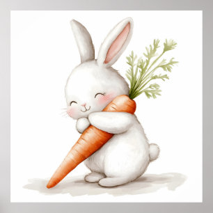 Watercolor Fluffy Bunny Carrot Love  Poster