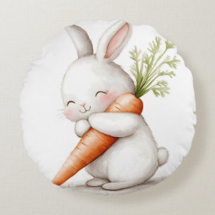 Watercolor Fluffy Bunny Carrot Love  Round Pillow