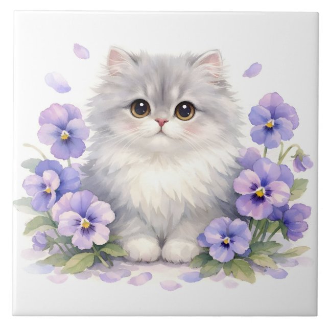 Watercolor Fluffy Kitten with Purple Pansy Flowers Ceramic Tile (Front)