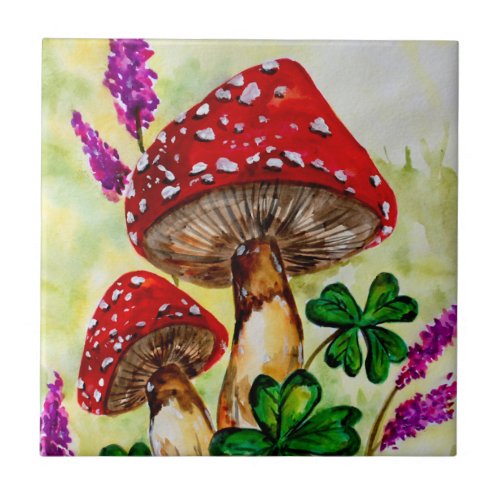 Watercolor Fly Agaric Mushroom Ceramic Tile