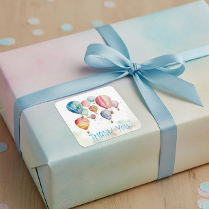 Watercolor flying hot air balloons blue thank you square sticker