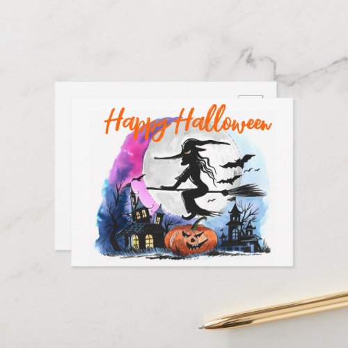 Watercolor Flying Witch Postcard