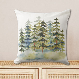 Watercolor Foggy Green Pine Forest Outdoor Pillow