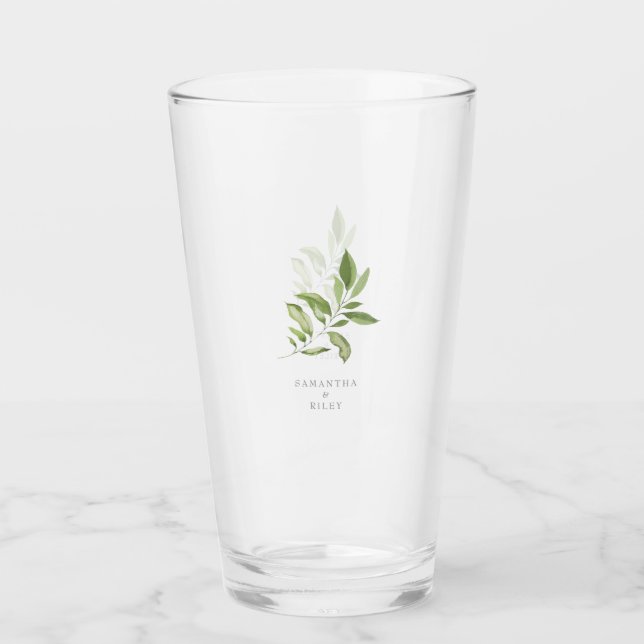 Watercolor FoIiage  Sage Custom Names Wedding Glass (Front)