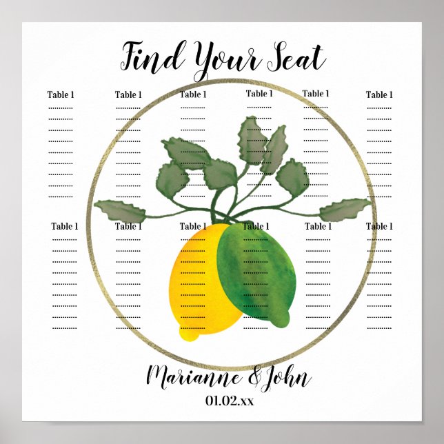 Watercolor Foil Lemon Wedding Seating Chart (Front)