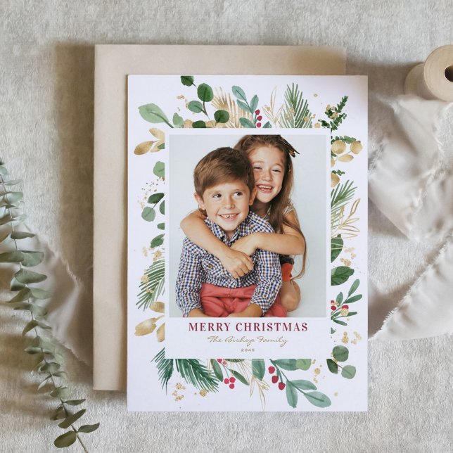 Watercolor & Foil Winter Greenery Photo Christmas Holiday Card (Watercolor and Faux Gold Foil Winter Greenery Photo Merry Christmas Card)
