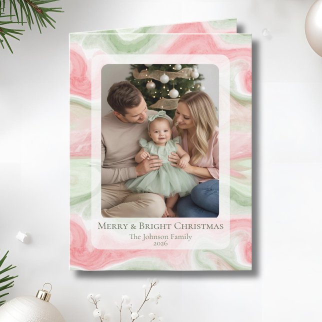 Watercolor Folded Holiday Photo Greeting Card (Modern Watercolor Folded Holiday Photo Card with Personalized Message)