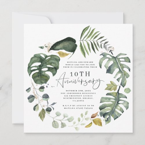 Watercolor foliage 10th wedding anniversary invite