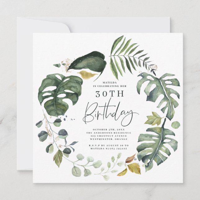 Watercolor foliage 30th birthday party invite (Front)