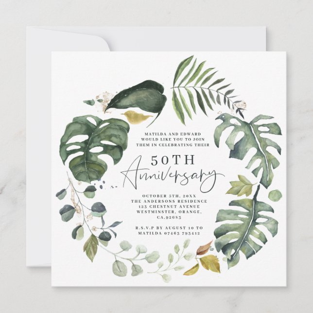 Watercolor foliage 50th wedding anniversary invite (Front)