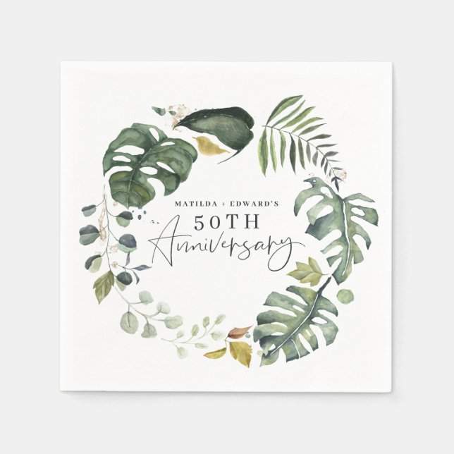 Watercolor foliage 50th wedding anniversary party napkins (Front)
