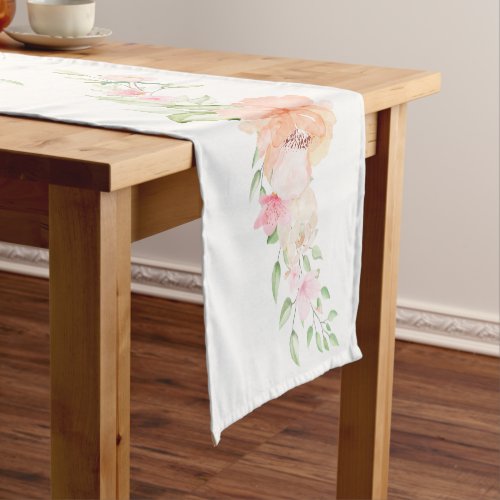 Watercolor Foliage and Coral and Ivory Flowers Short Table Runner