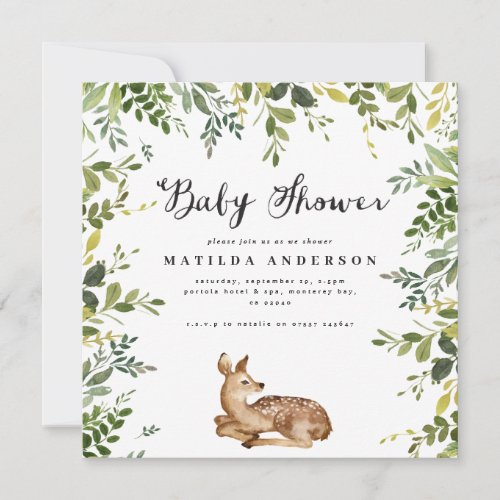 Watercolor foliage and deer woodland baby shower announcement