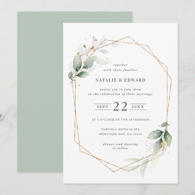 Watercolor foliage and gold geometric wedding (Front/Back)