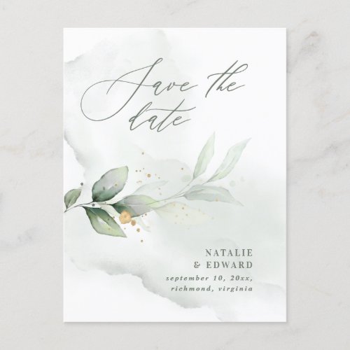 Watercolor foliage and gold wedding save the date announcement postcard