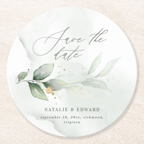 Watercolor foliage and gold wedding save the date round paper coaster