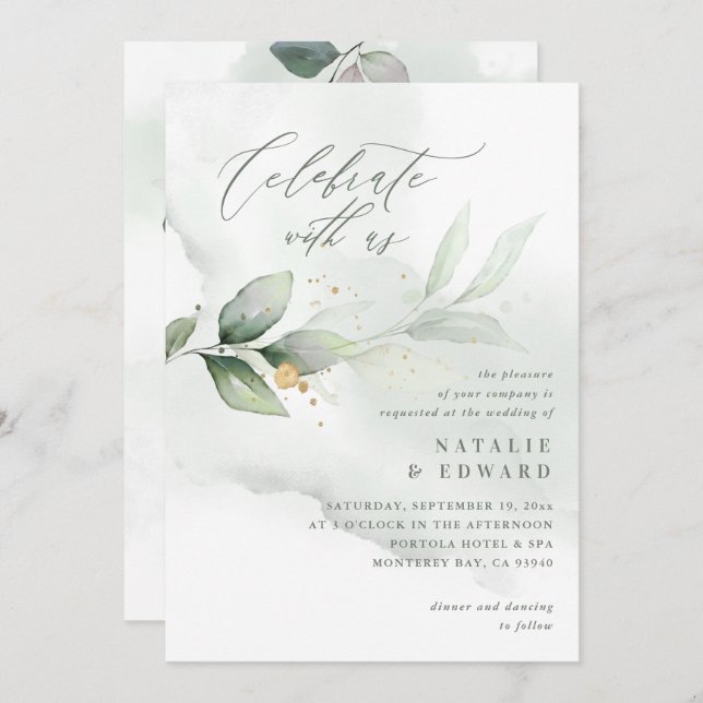 Watercolor foliage and metallic gold wedding (Front/Back)