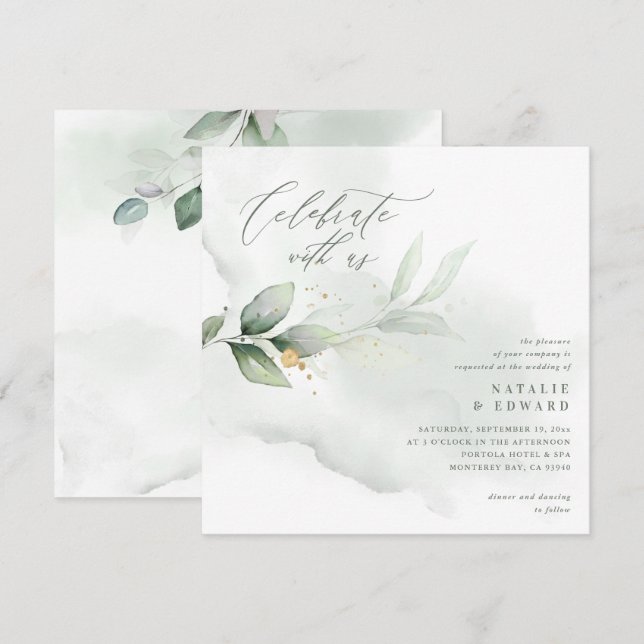 Watercolor foliage and metallic gold wedding (Front/Back)