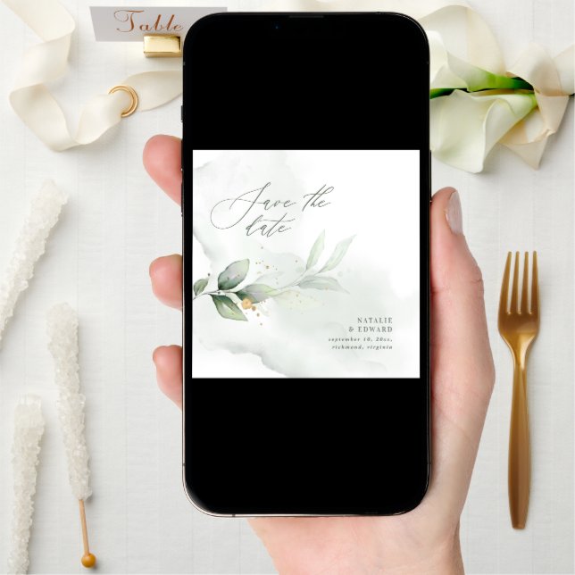 Watercolor foliage and metallic gold wedding save the date (Front Digital)