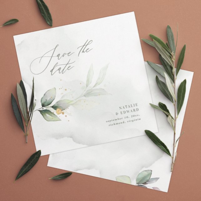 Watercolor foliage and metallic gold wedding save the date (Creator Uploaded)