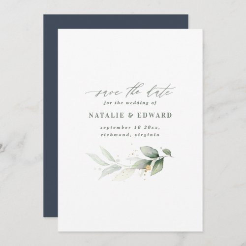 Watercolor foliage and metallic gold wedding save the date
