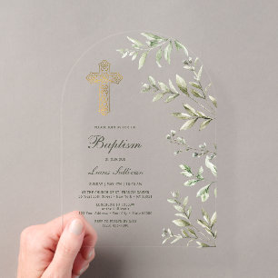 Watercolor Foliage Arch Baptism Acrylic Invitations