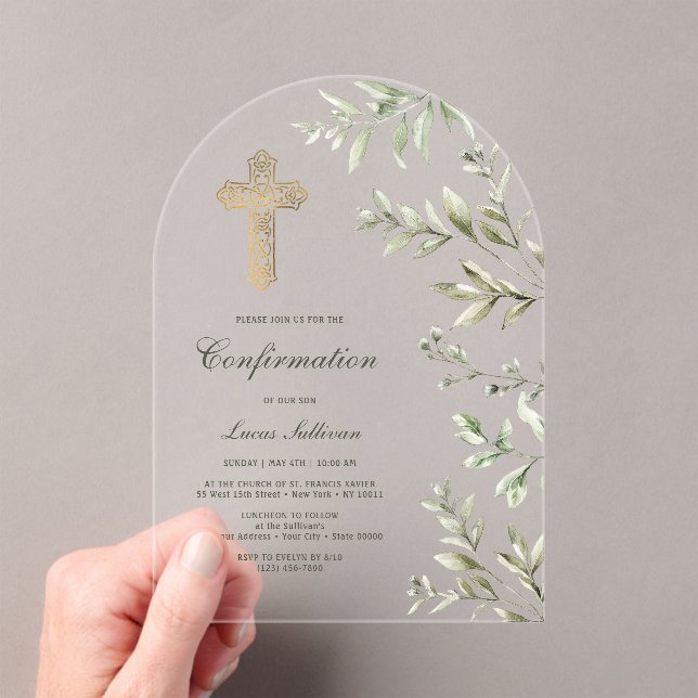 Watercolor Foliage Arch Confirmation Acrylic Invitations (Insitu (Handheld))