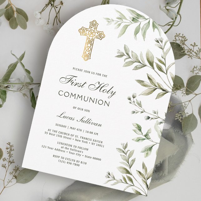 Watercolor Foliage Arch First Communion Invitation (Creator Uploaded)