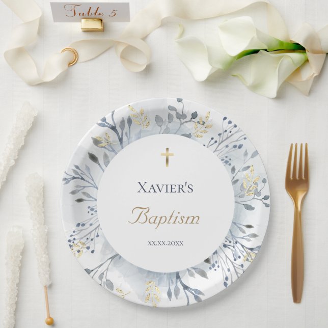 watercolor foliage Baptism Paper Plates (Wedding)