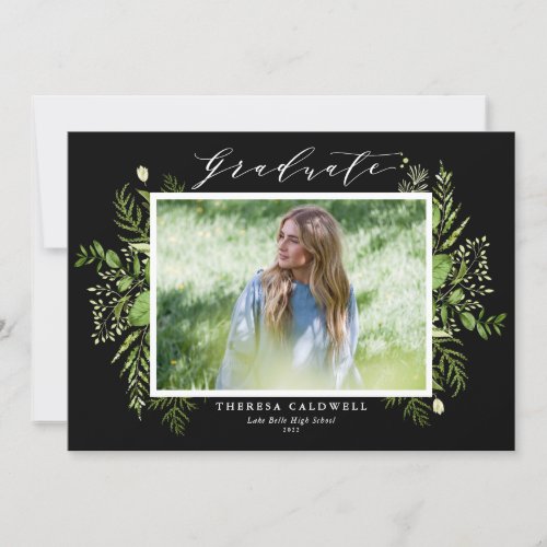 Watercolor Foliage Black 2022 Photo Graduation Invitation - Invite your family and friends to your graduation with this customizable class of 2022 greenery graduation invitation. It features watercolor wild foliage frame with a dainty script. Personalize this botanical graduation invitation by adding a photo, name, school and other details. This photo graduation invitation is available in other colors and cardstock. 