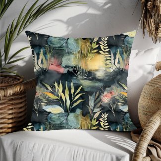 Watercolor Foliage Black Pink Yellow Abstract Throw Pillow