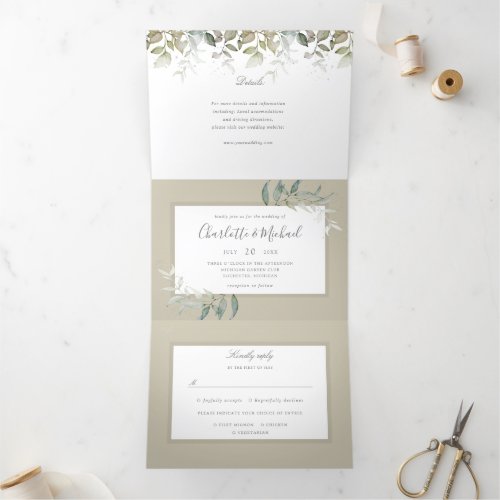 watercolor foliage botanical greenery Tri_Fold invitation